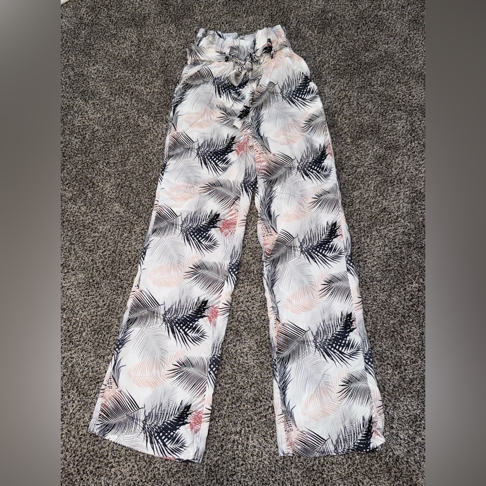 Thread & supply palm print wide linen pants with pockets and tie waist